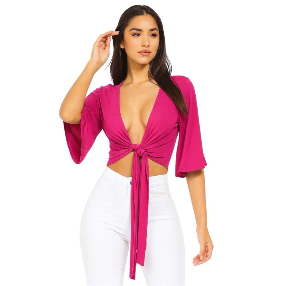 Zenana Chic vibrant Fuchsia Tie-Front blouse shirt swim dopamine wear NWT sz XL - Picture 3 of 13